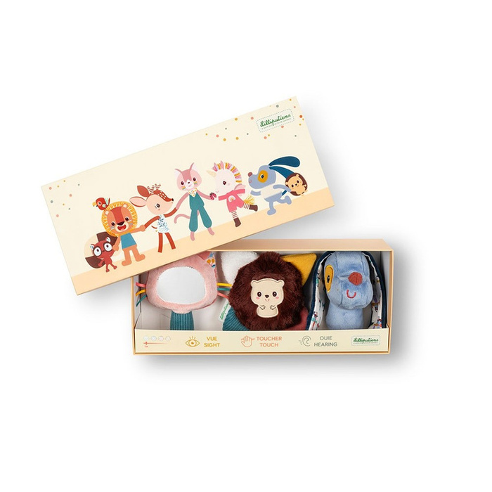 Zestaw 3 zabawek rozwojowych Piesek Jules Kotka Jeanne Jeżyk Leon Lilliputiens