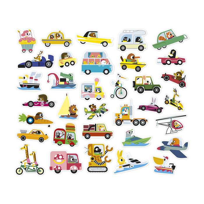 Naklejki wielorazowe dla dzieci na arkuszach 200 sztuk Pojazdy Janod