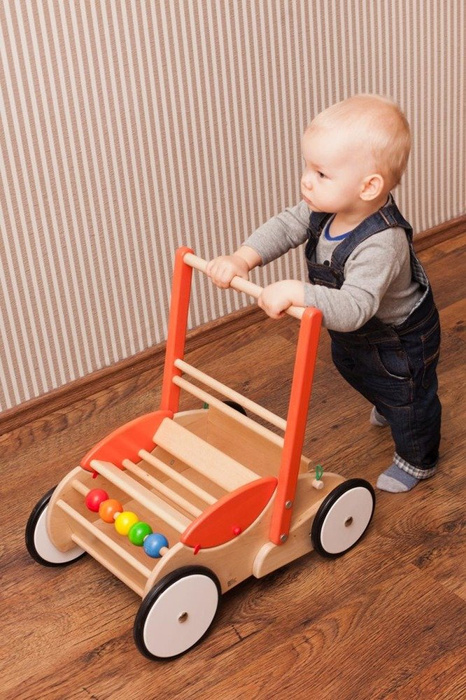 Pomarańczowy chodzik dla dzieci, wózek drewniany dla najmłodszych, BAJO