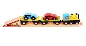 Pociąg drewniany. Laweta z 2 autkami, Bigjigs Rail