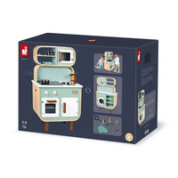 Dwustronna drewniana kuchnia z pralką 2w1, z dźwiękiem, światłem LED i 8 akcesoriami, Janod 