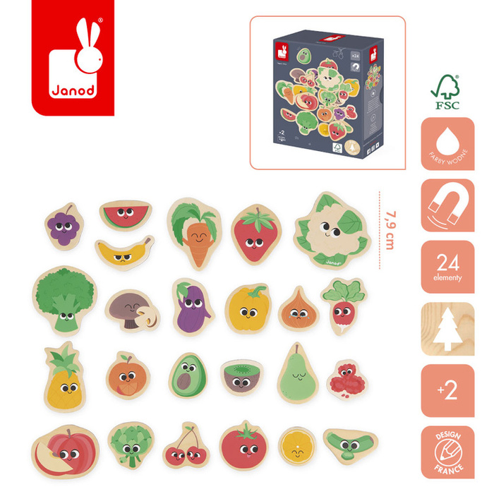Magnesy drewniane dla dzieci Owoce i warzywa 24 szt. Janod