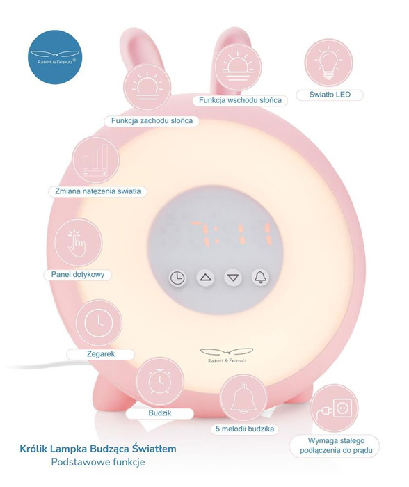 Królik Lampka budząca światłem różowa Rabbit & Friends