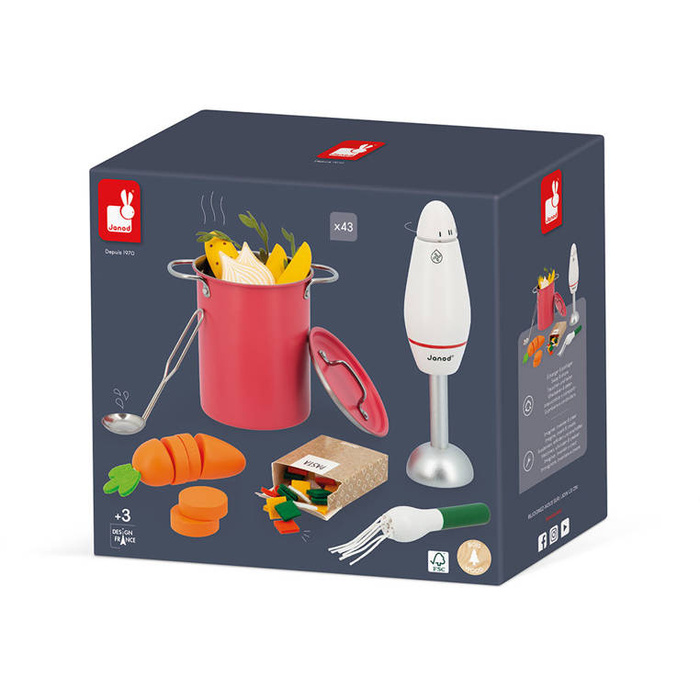 Gotowanie zupy z drewnianym blenderem i akcesoria Janod