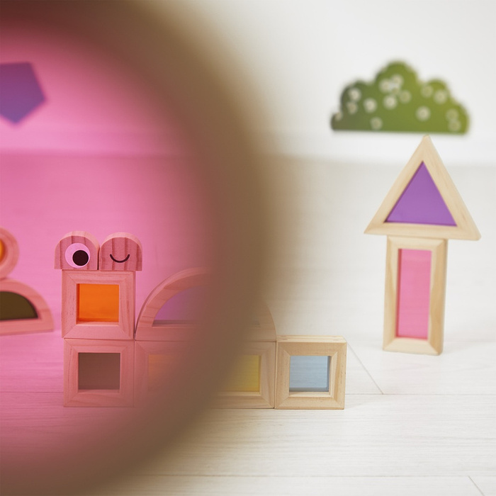 Sensoryczne klocki drewniane dla dzieci przeźroczyste kolorowe Janod