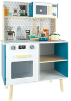 Niebieska interaktywna drewniana kuchnia dla dzieci z akcesoriami