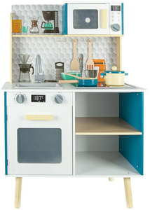Niebieska interaktywna drewniana kuchnia dla dzieci z akcesoriami