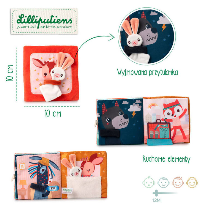 Materiałowa edukacyjna książeczka z mini przytulanką sarenka Stella i jej przytulanka LILLIPUTIENS