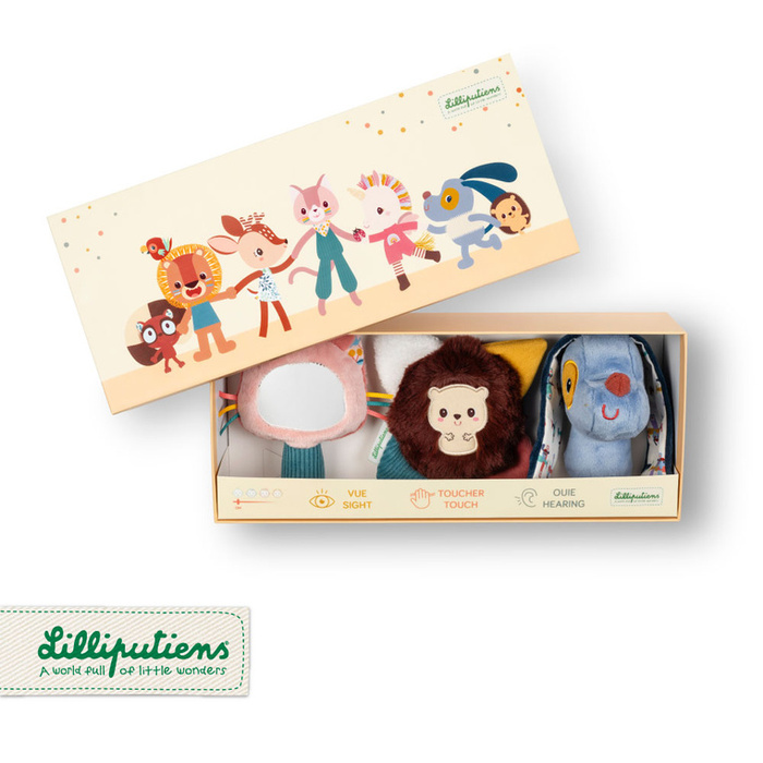 Zestaw 3 zabawek rozwojowych Piesek Jules Kotka Jeanne Jeżyk Leon Lilliputiens