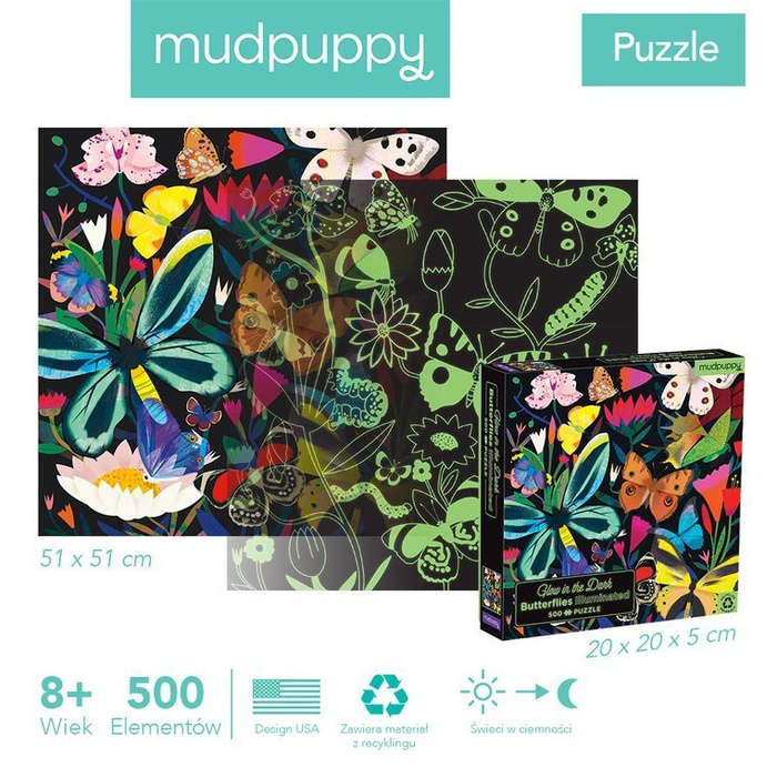 Puzzle rodzinne świecące w ciemności Motyle 500 elementów Mudpuppy