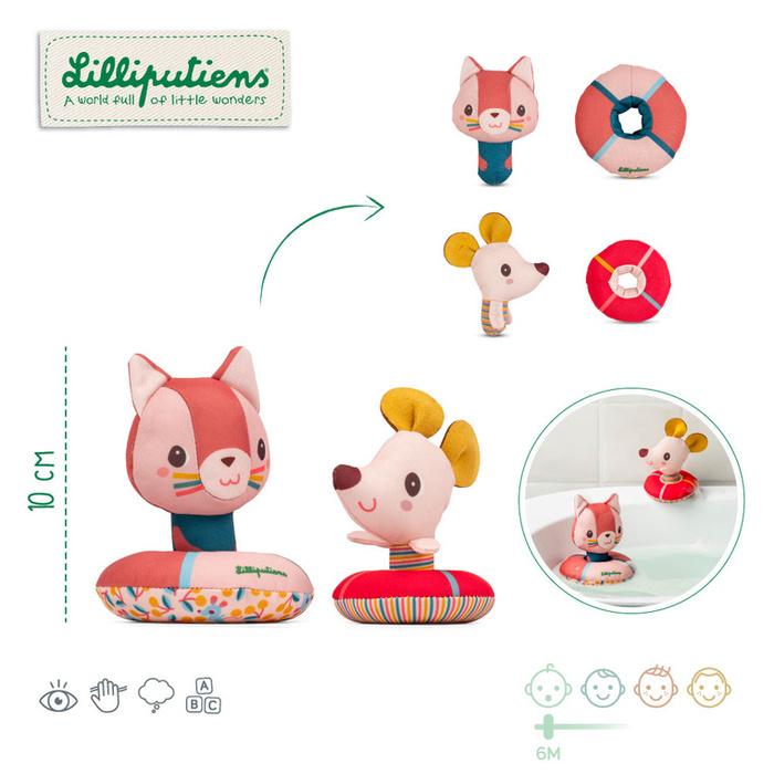 Zestaw dwóch przytulanek do wanny Lilliputiens Kotka Jeanne i Myszka Nina