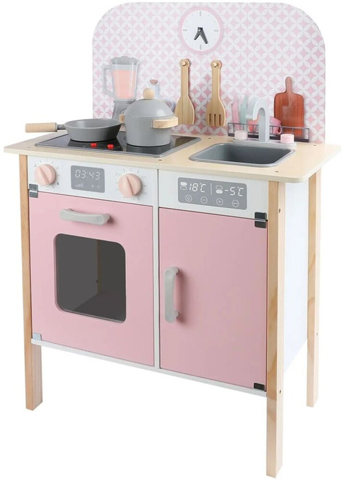 Drewniana kuchnia dla dzieci z zegarem różowa