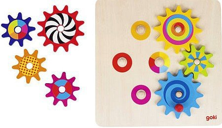 Układanka drewniana. Kolorowe koła zębate na podstawce, Goki