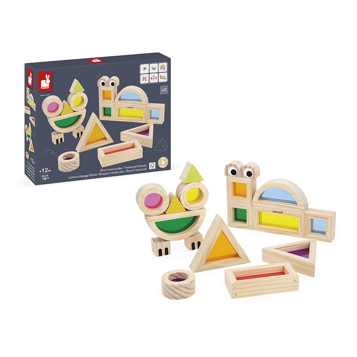 Sensoryczne klocki drewniane dla dzieci przeźroczyste kolorowe Janod