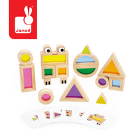 Sensoryczne klocki drewniane dla dzieci przeźroczyste kolorowe Janod 