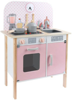 Drewniana kuchnia dla dzieci z zegarem różowa