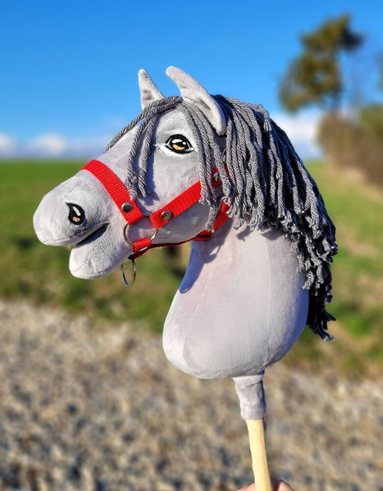 Siwy koń na kiju z gęstą grzywą Premium Super Hobby Horse