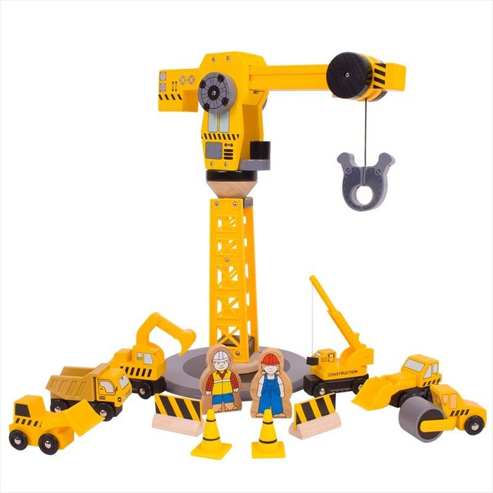 Duży dźwig z pojazdami budowlanymi Bigjigs toys