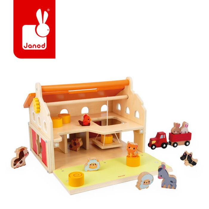 Drewniana farma z otwieranym dachem i figurkami Janod