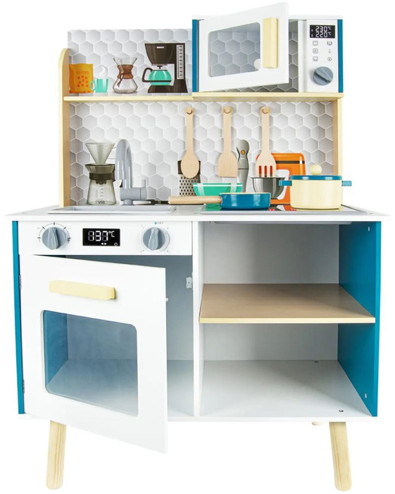Niebieska interaktywna drewniana kuchnia dla dzieci z akcesoriami