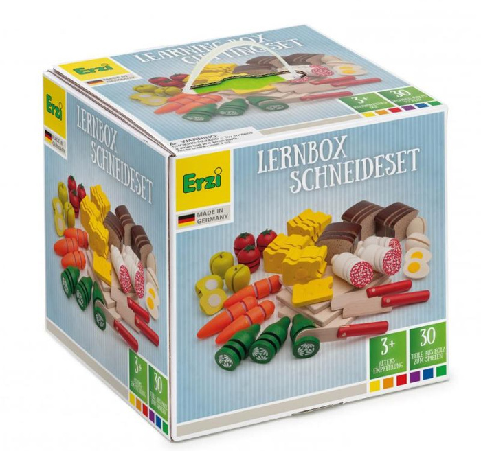 Drewniany Zestaw akcesoriów spożywczych na rzep do krojenia i zabawy 27 elementów Erzi