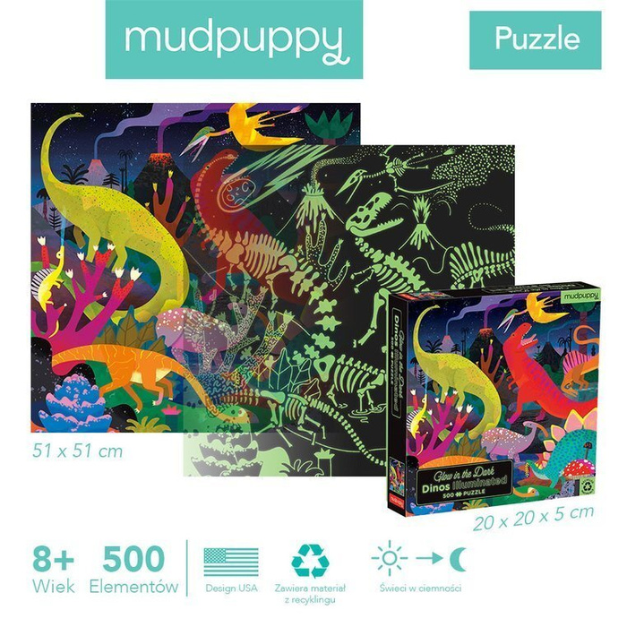 Puzzle rodzinne świecące w ciemności Dinozaury 500 elementów Mudpuppy