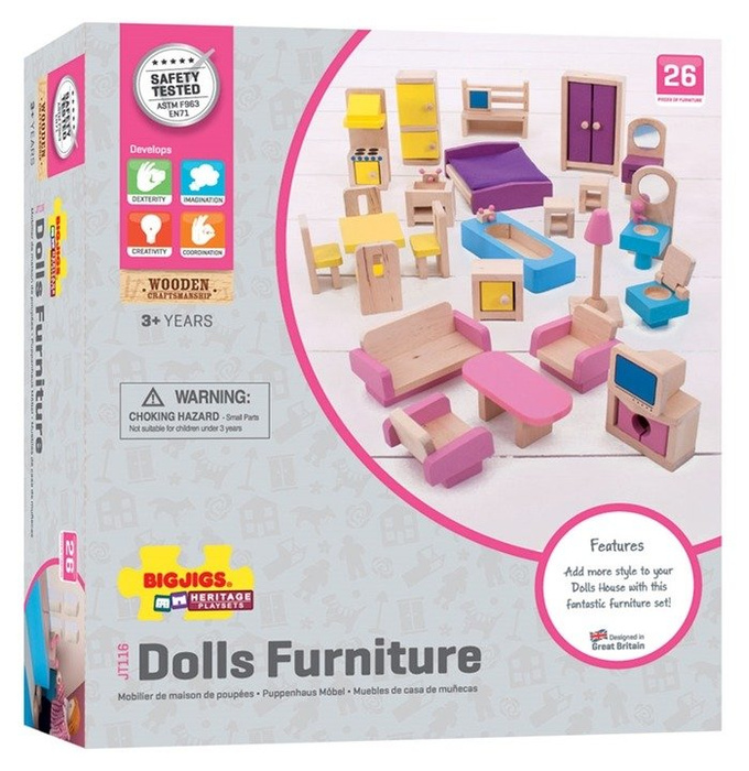 Mebelki dla lalek z drewna Pełen wystrój Bigjigs Toys