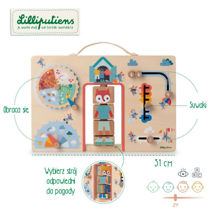 Drewniana tablica manipulacyjna walizka Ubranie na każdą pogodę Lisiczka Alice Lilliputiens
