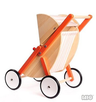 Drewniany wózek spacerowy dla lalek. Pomarańczowe paseczki, BAJO