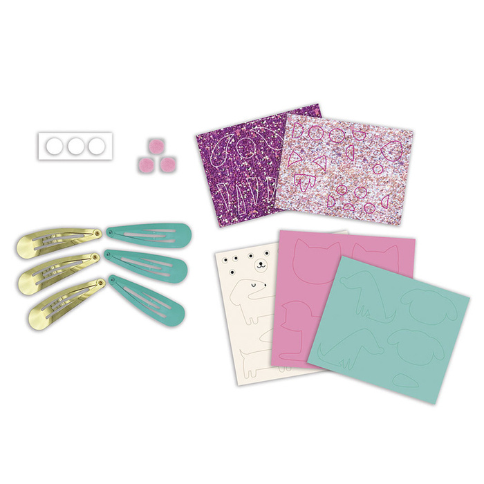 Brokatowe spinki do włosów Pieski i kotki Zestaw kreatywny dla dzieci do tworzenia biżuterii Janod