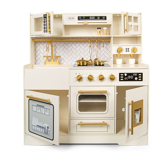 Drewniana kuchnia zabawkowa dla dzieci z bogatym wyposażeniem