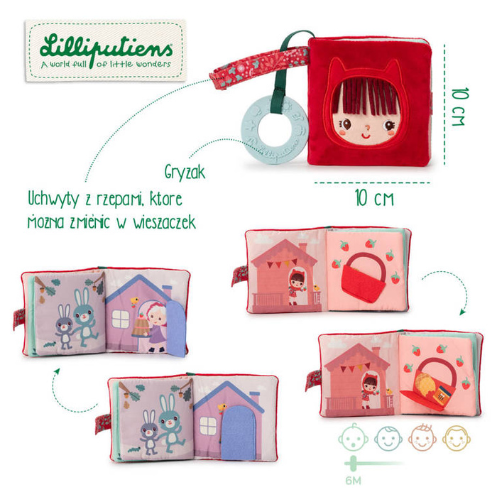 Materiałowa edukacyjna książeczka z mini gryzakiem Czerwony Kapturek LILLIPUTIENS