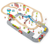 Kolejka drewniana z układem drogowym 105 elementów Bigjigs Road