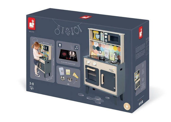 Duża drewniana kuchnia z dźwiękiem, światłem LED i 6 akcesoriami Mozaika 3-8 lat Janod