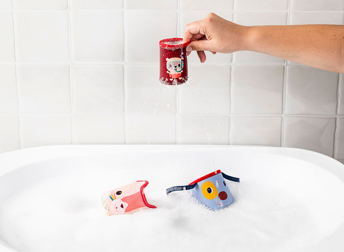 Kubeczki do kąpieli Piesek Jules Kotka Jeanne Jeżyk Leon Zabawka sensoryczna Lilliputiens