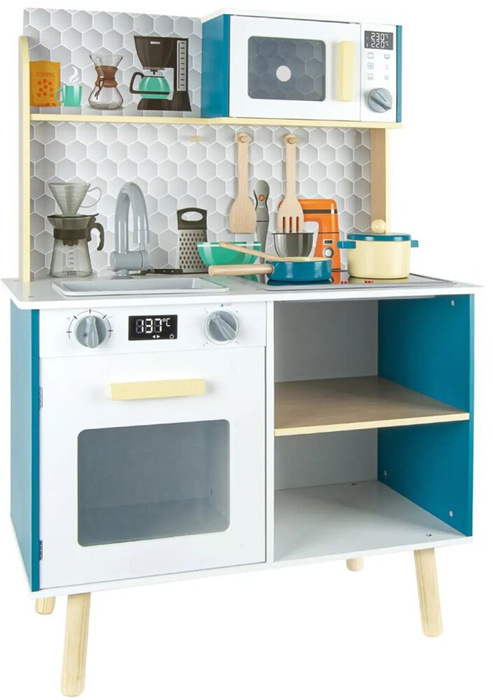 Niebieska interaktywna drewniana kuchnia dla dzieci z akcesoriami