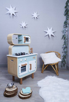 Dwustronna drewniana kuchnia z pralką 2w1, z dźwiękiem, światłem LED i 8 akcesoriami, Janod 