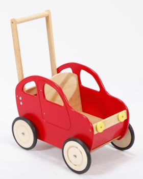 Drewniany wózek dla lalek i nie tylko. Czerwone auto, chodzik dla dzieci