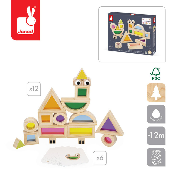 Sensoryczne klocki drewniane dla dzieci przeźroczyste kolorowe Janod