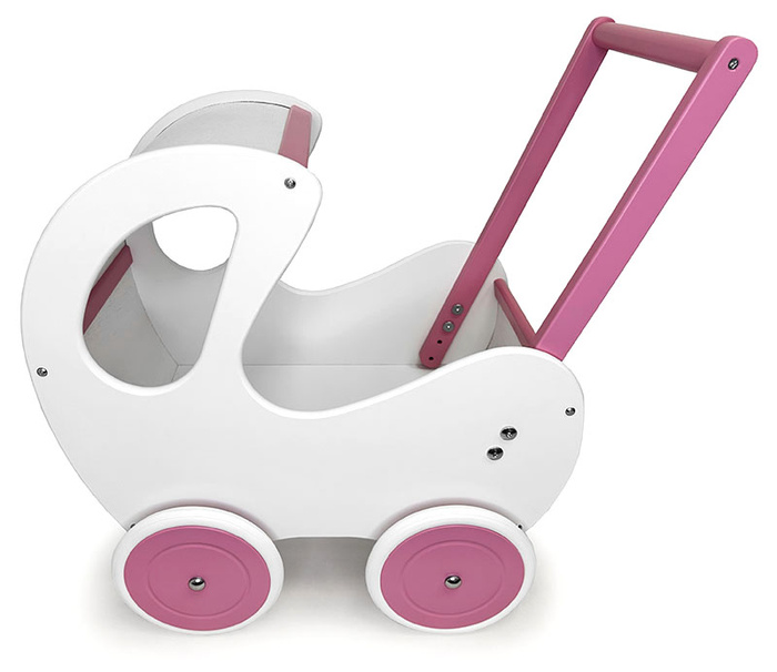 Wózek dla lalek, drewniany wózek. Biało-różowa budka