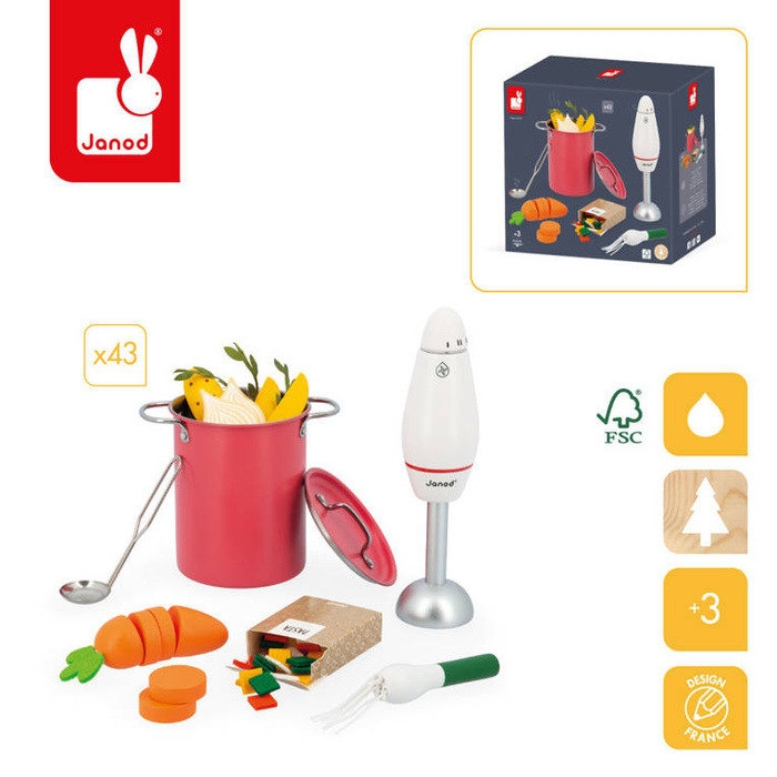 Gotowanie zupy z drewnianym blenderem i akcesoria Janod