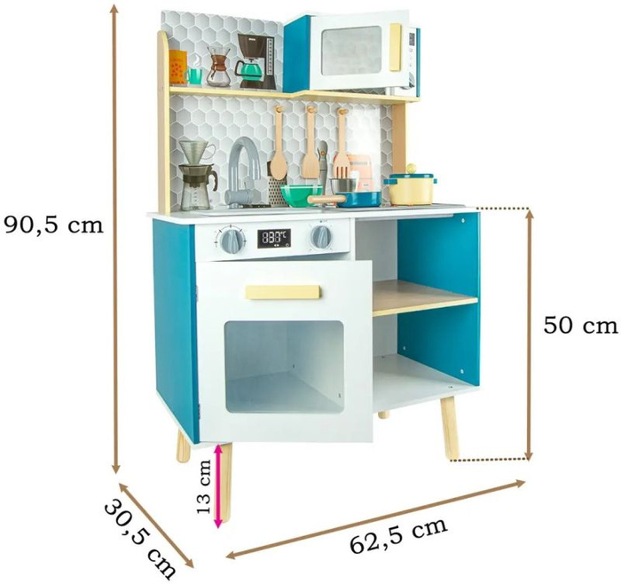 Niebieska interaktywna drewniana kuchnia dla dzieci z akcesoriami