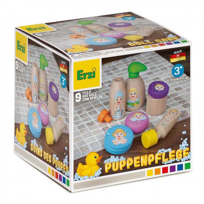 Zestaw drewnianych kosmetyków dla lalek do pielęgnacji 9 elementów Erzi
