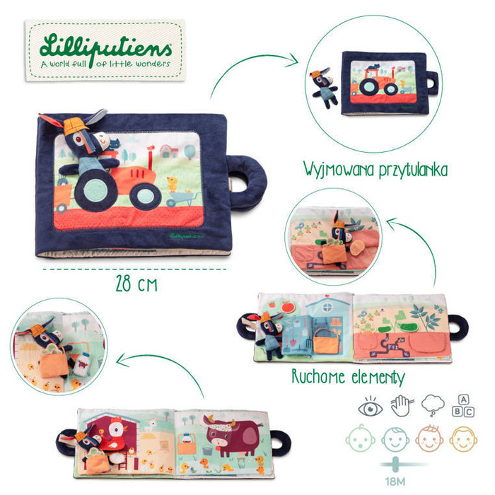 Materiałowa edukacyjna książeczka z mini przytulanką Osiołek Ignace Lilliputiens