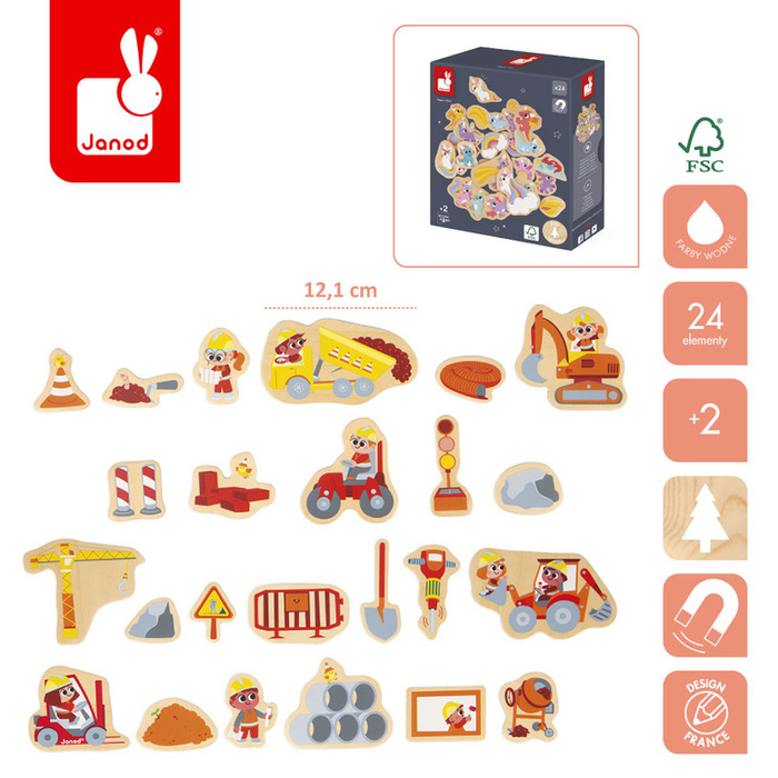 Magnesy drewniane dla dzieci Plac budowy 24 szt. Janod