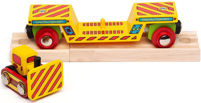 Drewniany wagon transportowy z buldożerem Bigjigs Rail kolejki dla dzieci