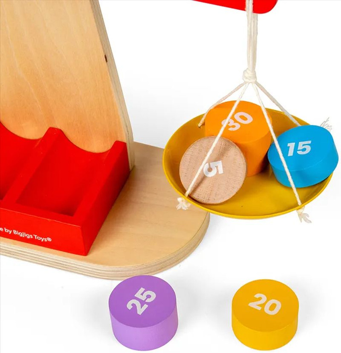 Czerwona drewniana waga szalkowa dla dzieci Bigjigs