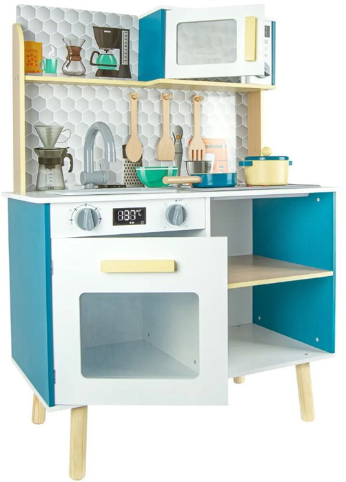Niebieska interaktywna drewniana kuchnia dla dzieci z akcesoriami