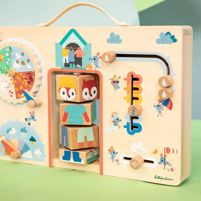 Drewniana tablica manipulacyjna walizka Ubranie na każdą pogodę Lisiczka Alice Lilliputiens