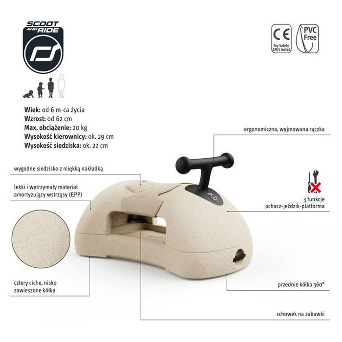 My First wielofunkcyjny jeździk pchacz dla dzieci 3 w1 Scootandride Sand